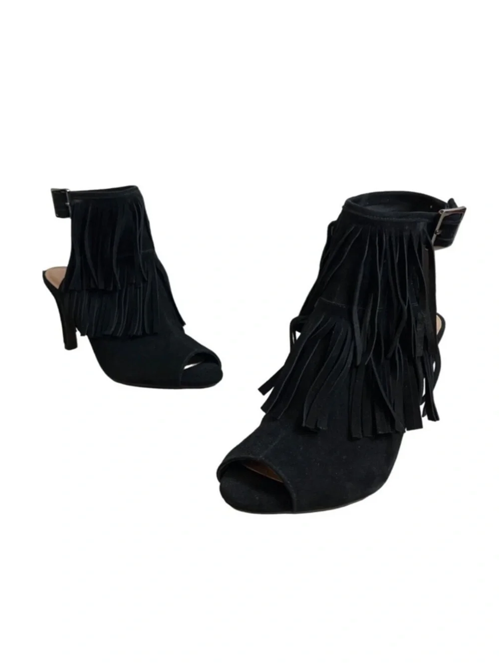 AEROSOLES Alamode Black Suede Fringe Open-Toe Ankle Heels Size 11